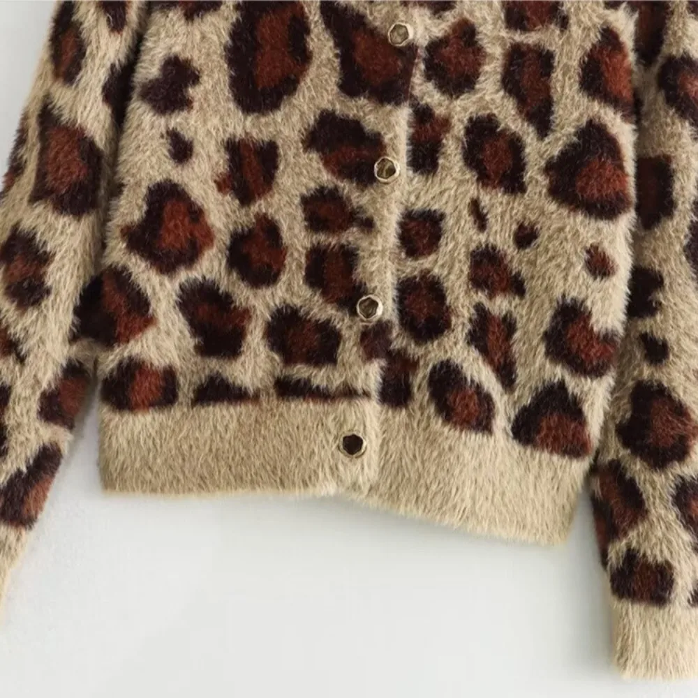 Women Fashion Leopard Print Fur Effective Short Knitting Sweater Female Chic Long Sleeve Buttons Kimono Coats Tops