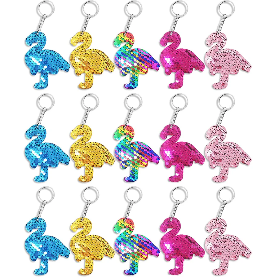 15pcs Flip Sequin Flamingo Key Chain New Fashionable Dress Accessories Pendant Children Adult Party Homecoming Gifts