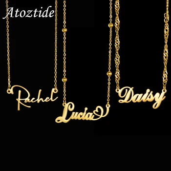Atoztide 맞춤형 맞춤형 이름 목걸이 여성용 웨이브 체인 스테인레스 스틸 Collares 펜던트 어머니 키즈 쥬얼리 선물
