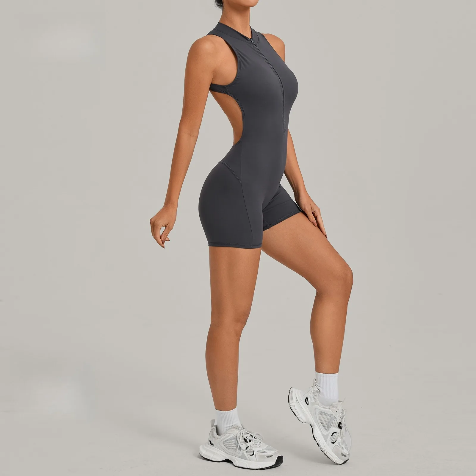 gym-workout-women's-jumpsuit-half-zip-activewear-bodysuit-open-back-butt-lifting-with-padded-cups-outdoor-fitness-yoga-clothes