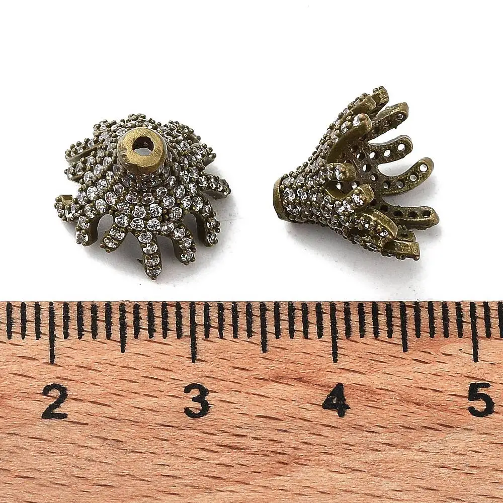 5 Stück Messing-Micro-Pave-Perlenkappen mit klarem Zirkonia, mehrblättrig, 12 x 10 mm, in Gold und Silber für die Herstellung von Schmuckketten – Detail 2