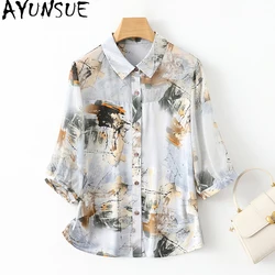 AYUNSUE 92% Natural Mulberry Silk Womens Shirts 2024 New Women Clothing Printing Korean Shirt Short Summer Tops Рубашка Женская