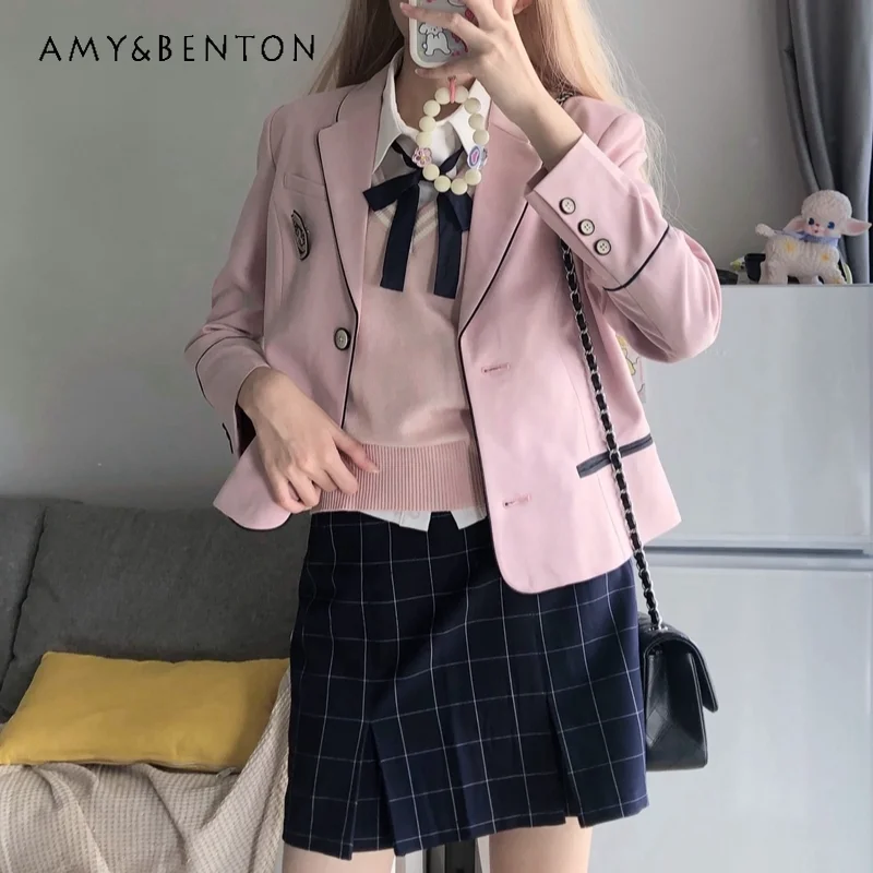 

2024 Korean JK Uniform Summer Autumn College Style Pink Gray Coat Vest White Long Sleeves Top Hip Skirt Four Piece Set For Girls