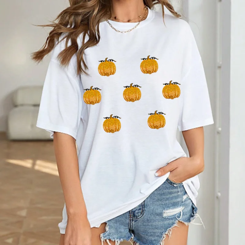 

Halloween Pumpkin Print Short-sleeved T-shirt for Women Men Round Neck Cotton Comfortable Top Fit Loose Unisex Hip Hop Clothes
