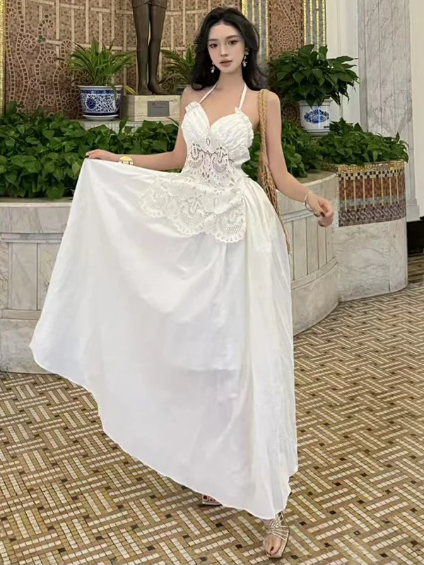 Ele White Lace ter Dr Fairy Sommer-Ballkleid, Strand-Stil, langer Rock, französischer Stil, hohe Taille, A-Linie, Silhouette