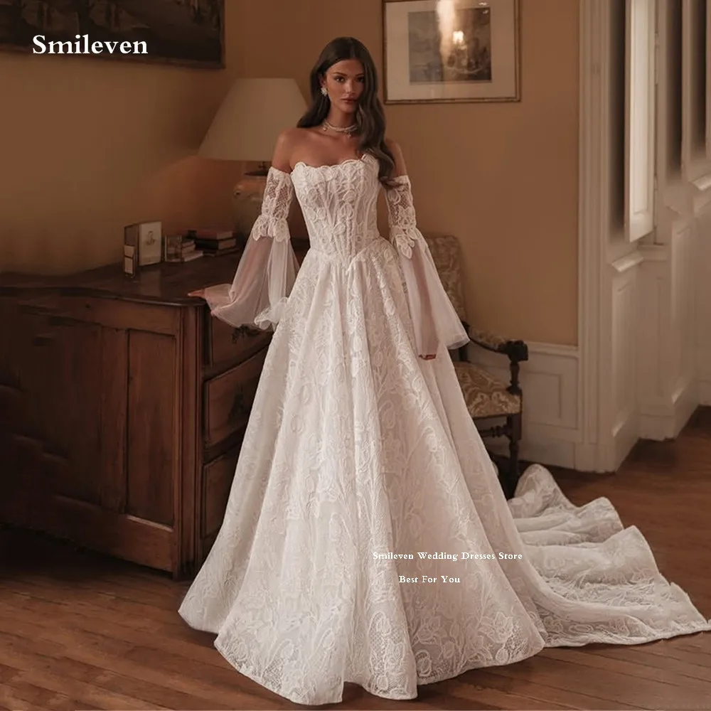 

Smileven Flare Sleeve Wedding Dress A Line Full Lace Glitter Bride Dresses Modern Women Vestido de novia 2026 Customized