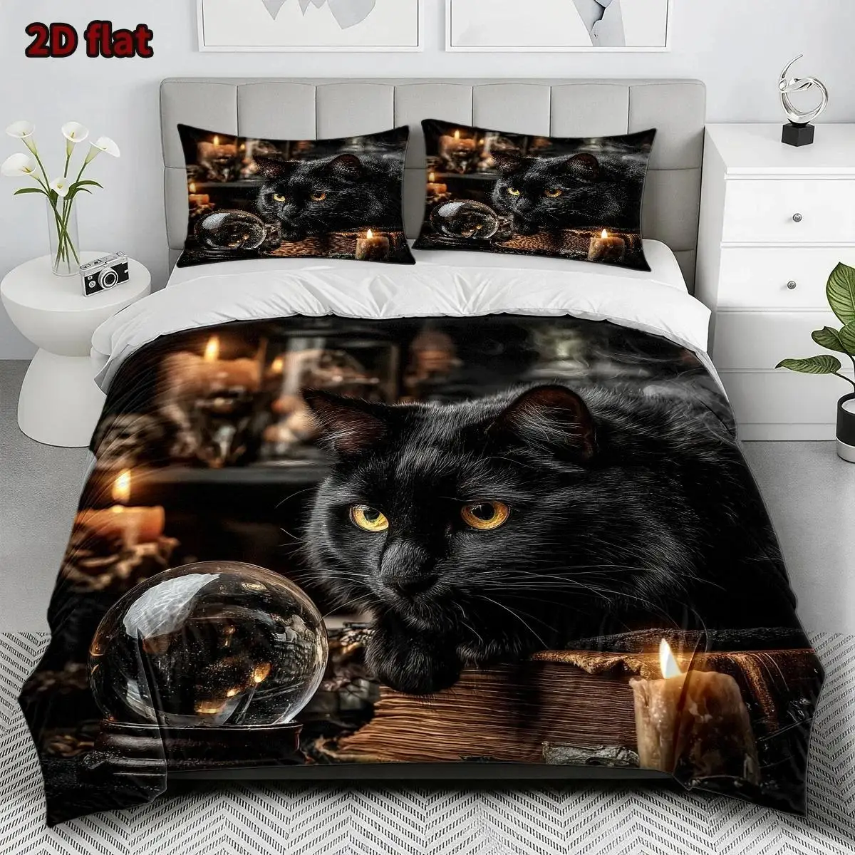 3-Piece Quilt Cover Set, 1 Quilt Cover + 2 Pillowcases (Without Filling), Black Cat Crystal Ball Theme, Romantic Retro Style, Halloween, Mysterious Theme, Three-Piece Bedding Set, Large Quilt Cover Set, Suitable for All Seasons, Machine Washable, Invisible Zipper, Suitable for Home, Dormitory, Master Bedroom, Guest Room
