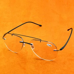 Titanium Alloy Double Bridge Pilot Rimless Photochromic Progressive Reading Sunglasses +0.75 To +4 See Near and Far