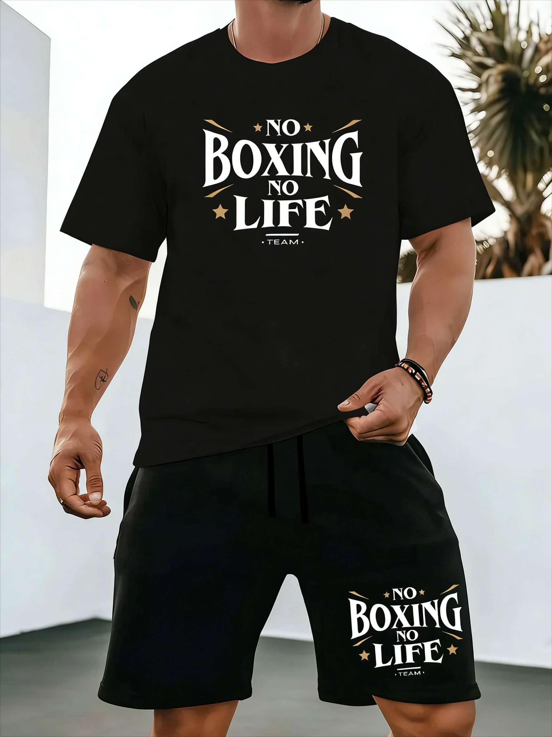 

Новый летний мужской повседневный спортивный комплект: футболка с круглым вырезом и короткими рукавами + шорты с эластичным поясом, комплект из 2 предметов с принтом для активного отдыха