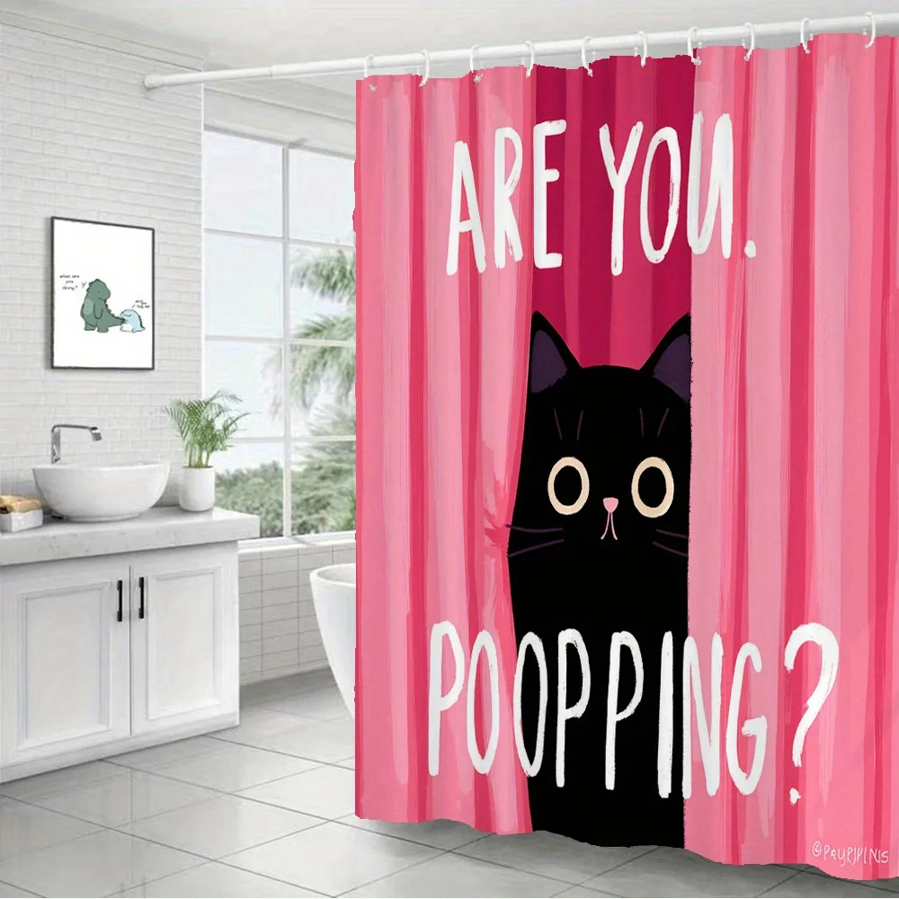 Black Cat Shower Curtain – Bold Uppercase Text 