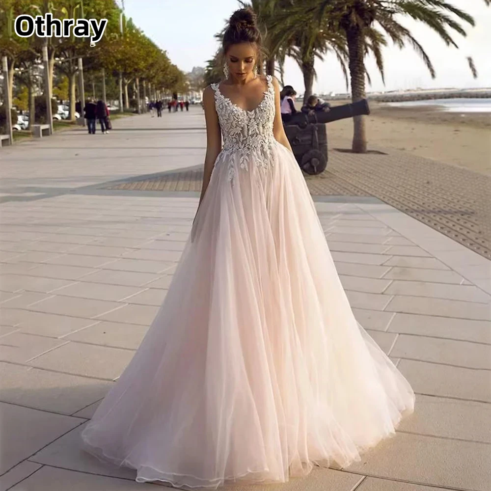 

Othray Lace Sleeveless V-neck Tulle Floor Length Wedding Dress A-line Appliques V-back Bride Wedding Brides Party Wear