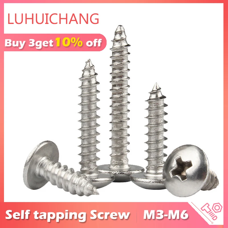 

luchang free shipping m3*30 304 stainless steel large flat head self tapping screw round head phillips truss mushroom screws