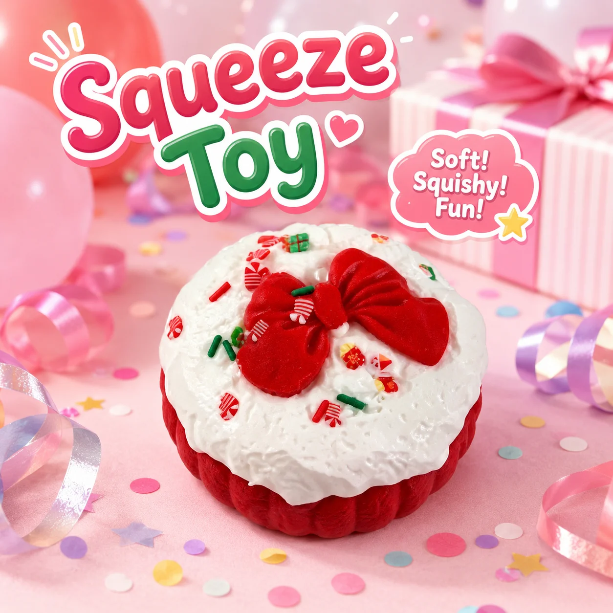 Juguete Blandito de Silicona Suave de Grado Alimenticio, Diseño Kawaii de Mochi de Navidad con Base Roja y Lazo Grande, Mini Adorno de Caramelo, Juguete Estrujable
