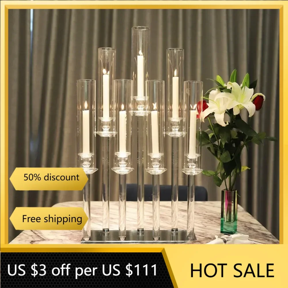 (4-pack) Hurricane Table Candelabra with 7 Arms Centerpieces Decorations - Crystal Candle Holder, for Weddings, Birthdays,