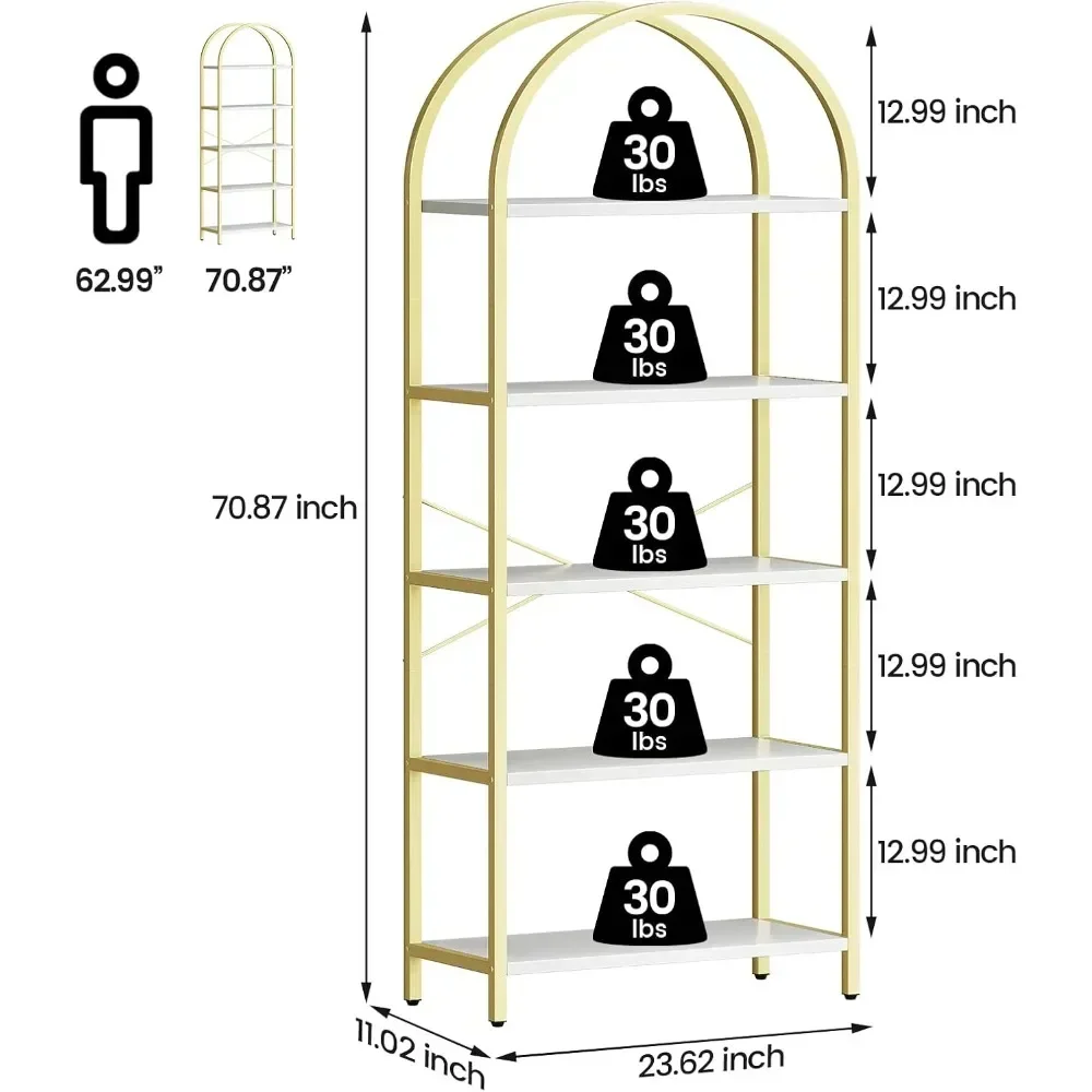 5 Tier Bookcase Arched Display Racks Tall Standing Bookshelves Metal Frame Modern Storage Rack Shelf Large Wood Book Shelf