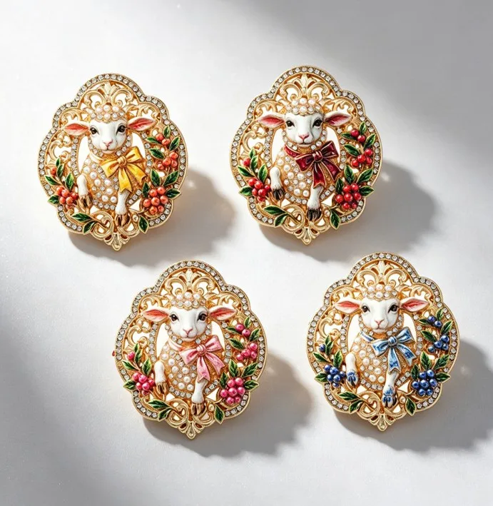 Cross border diamond hollow lace sheep pearl brooch, palace style lamb brooch, versatile clothing chest accessories
