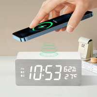 Wireless Charger Time Alarm Clock Wooden Desk Digital Clock Phone Chargers LED Display Thermometer Humidity Clock for Table