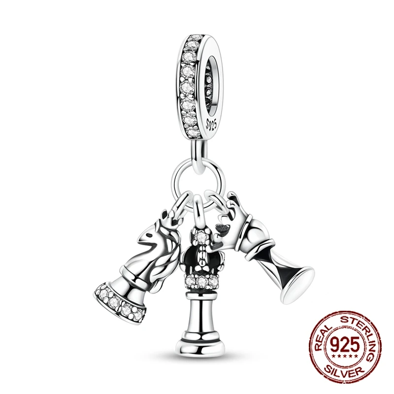 

925 Sterling Silver Chess King Queen Knight Trio Pendant Classic Charm Fit Original Charm Bracelets Women DIY Jewelry Gift