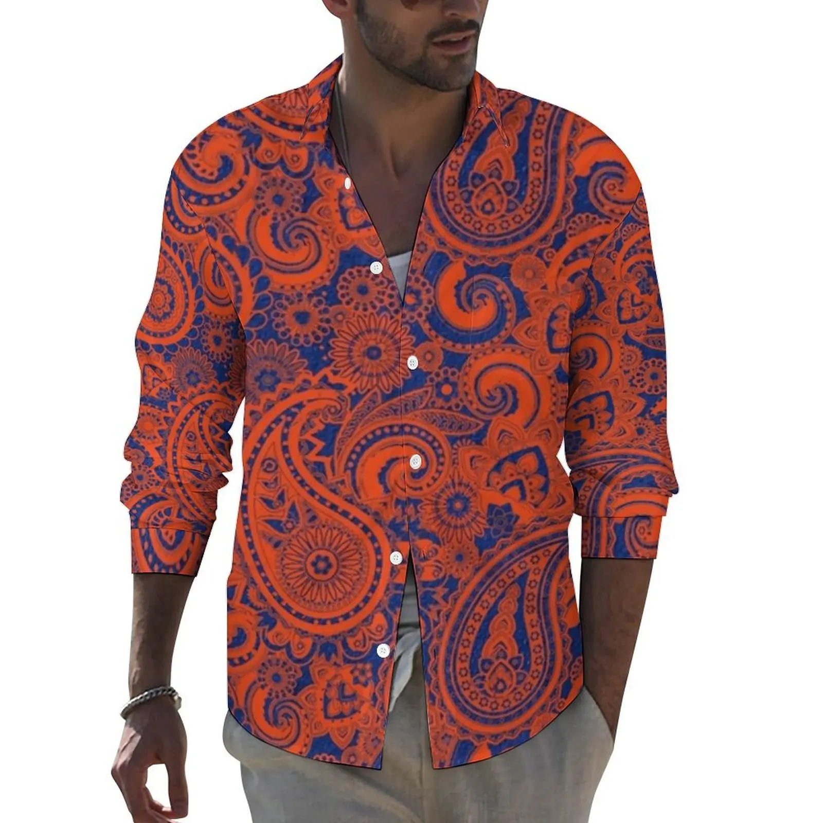 Paisley Print Streetwear Casual Shirt Male Blue and Orange Shirt Autumn Trending Blouses Long Sleeve Design Oversized Clothing