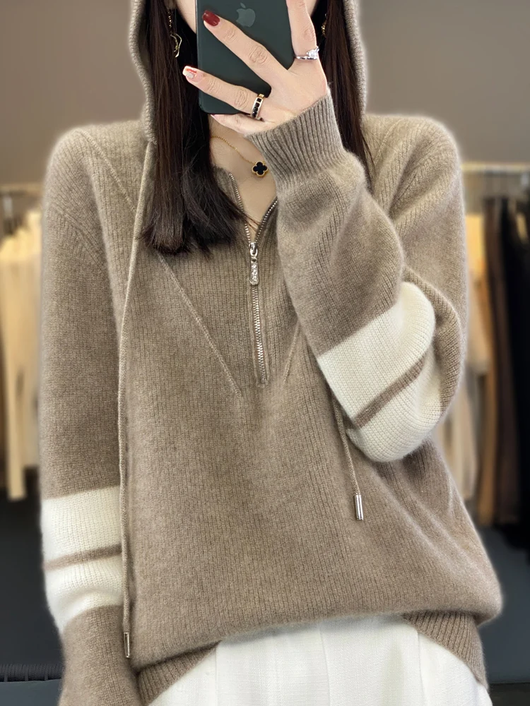 Women's Knitted Hooded Pullover, 100% Merino Wool Garment, Casual Oversized Sweater, Korean Fashion Jacket, Tops, Autumn, Winter