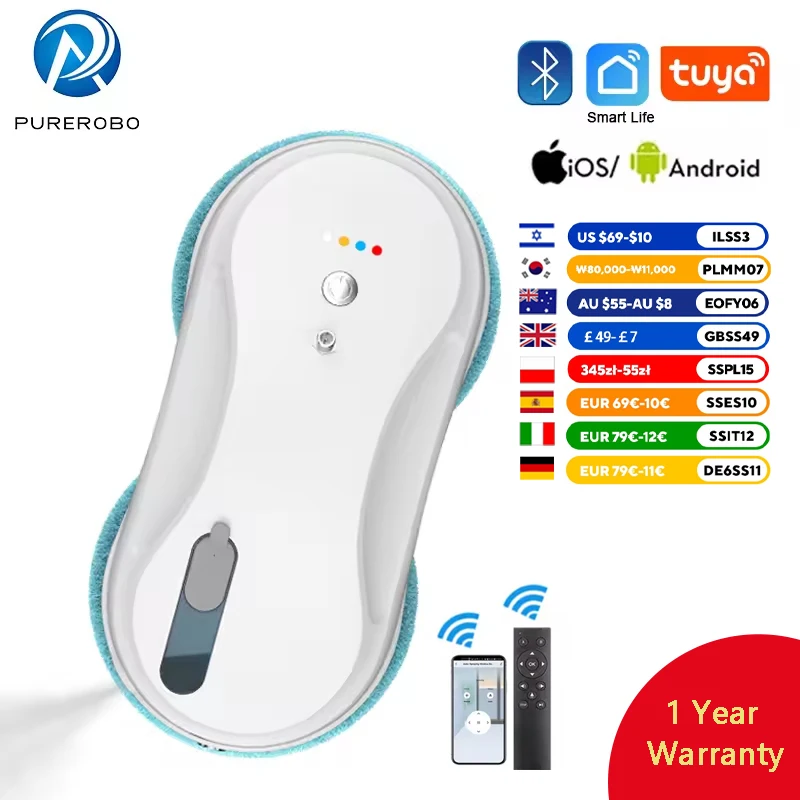 Robot Window Cleaner Purerobo W-R3S Automatic Water Spray with APP Remote Control Home Glass Smart Electric Window Cleaner Robot