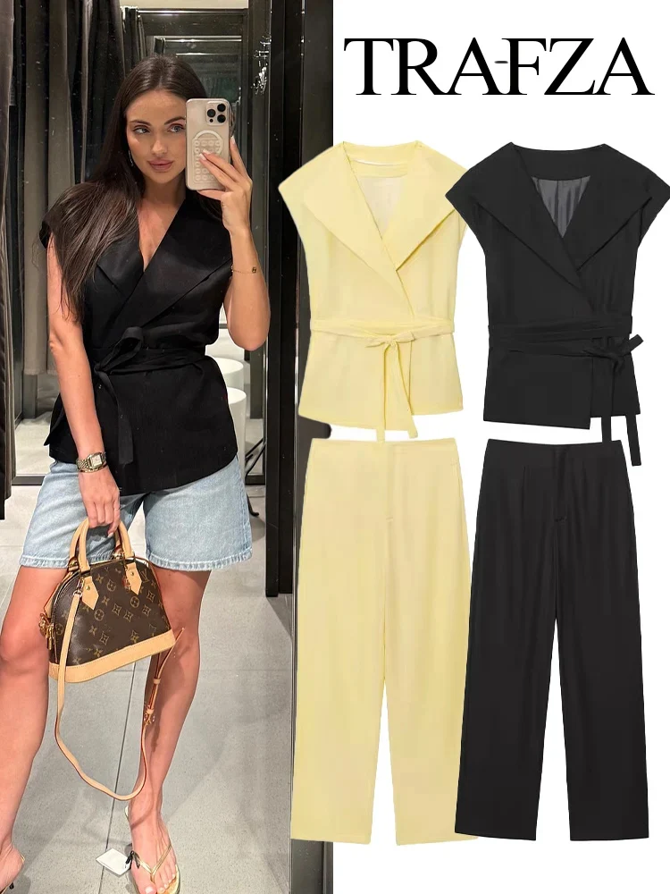 

TRAFZA Women Fashion Temperament Turn-Down Collar Bow Lace-Up Linen Blended Vest+High Waist Zipper Pocket Casual Long Pants Suit