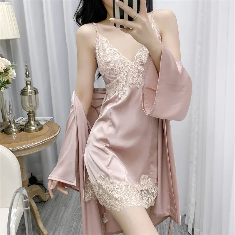 

Two Pieces Kimono Robe Gown Set Womens Bathrobe Strap Nightgown Sleep Suit Sexy Sleepwear Summer Lace V-Neck Loungewear