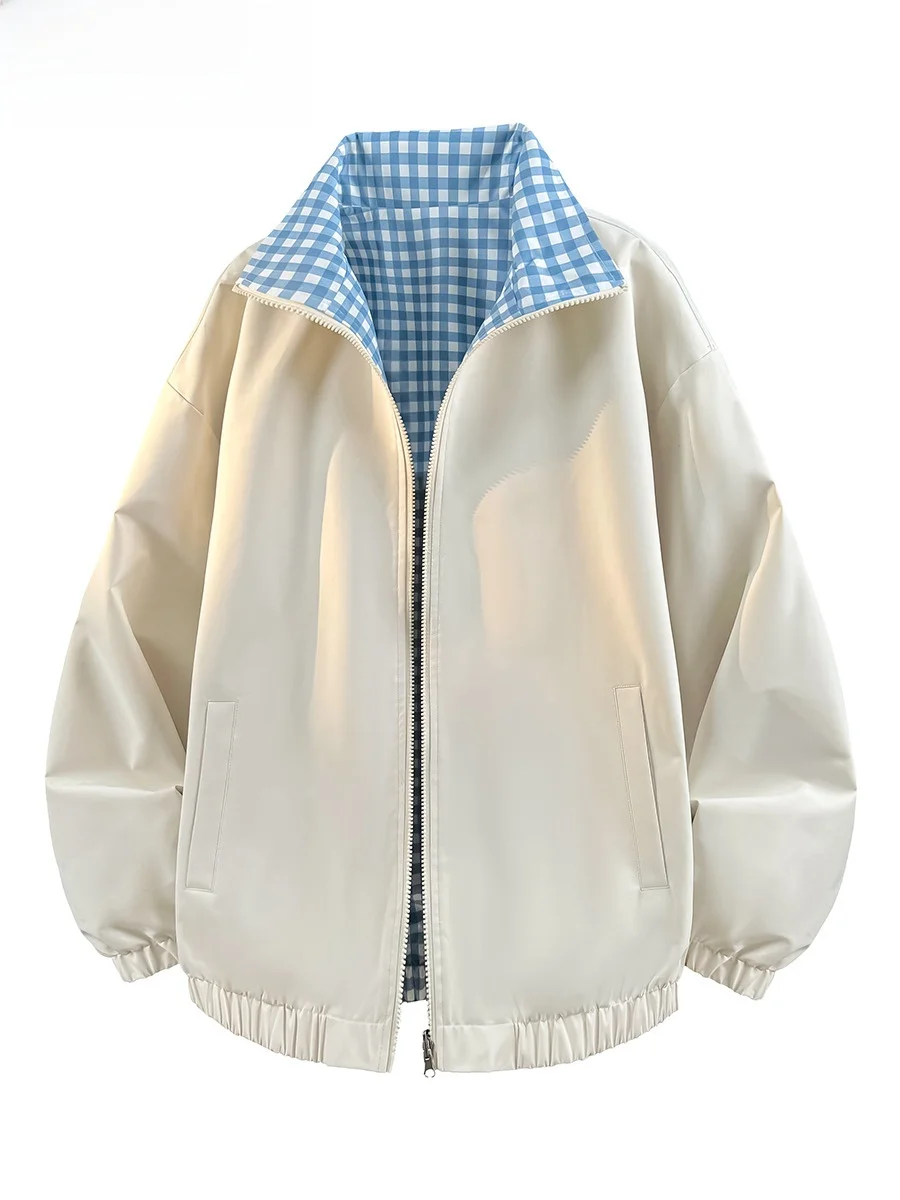 Cappotto Jaet con colletto alla coreana scozzese su entrambi i lati per uomo e donna Primavera Autunno Coppie Sle Loose Fit Poliestere impermeabile
