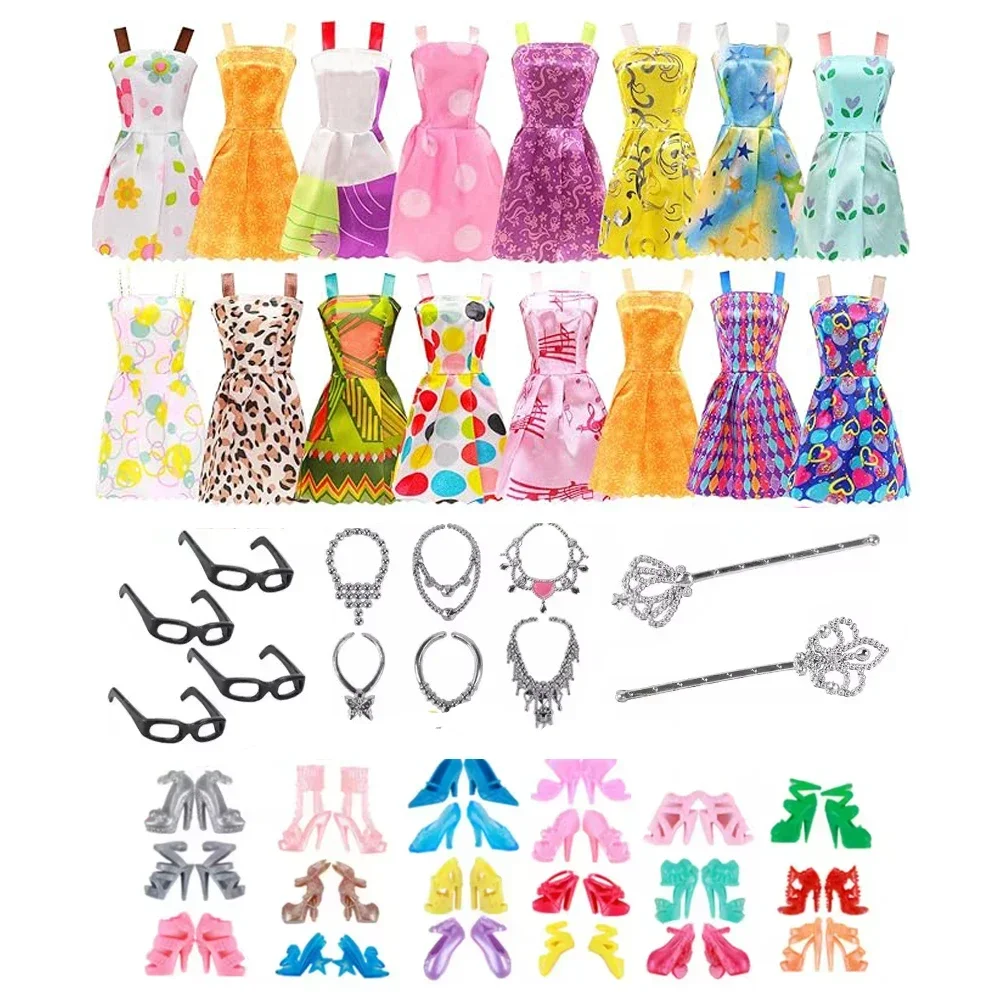 32 pcs Random Doll Clothes and Accessories, 10pcs Fashion Dresses 22pcs Shoes, Glasses, Necklaces, Handbag for 11.5inch Dolls