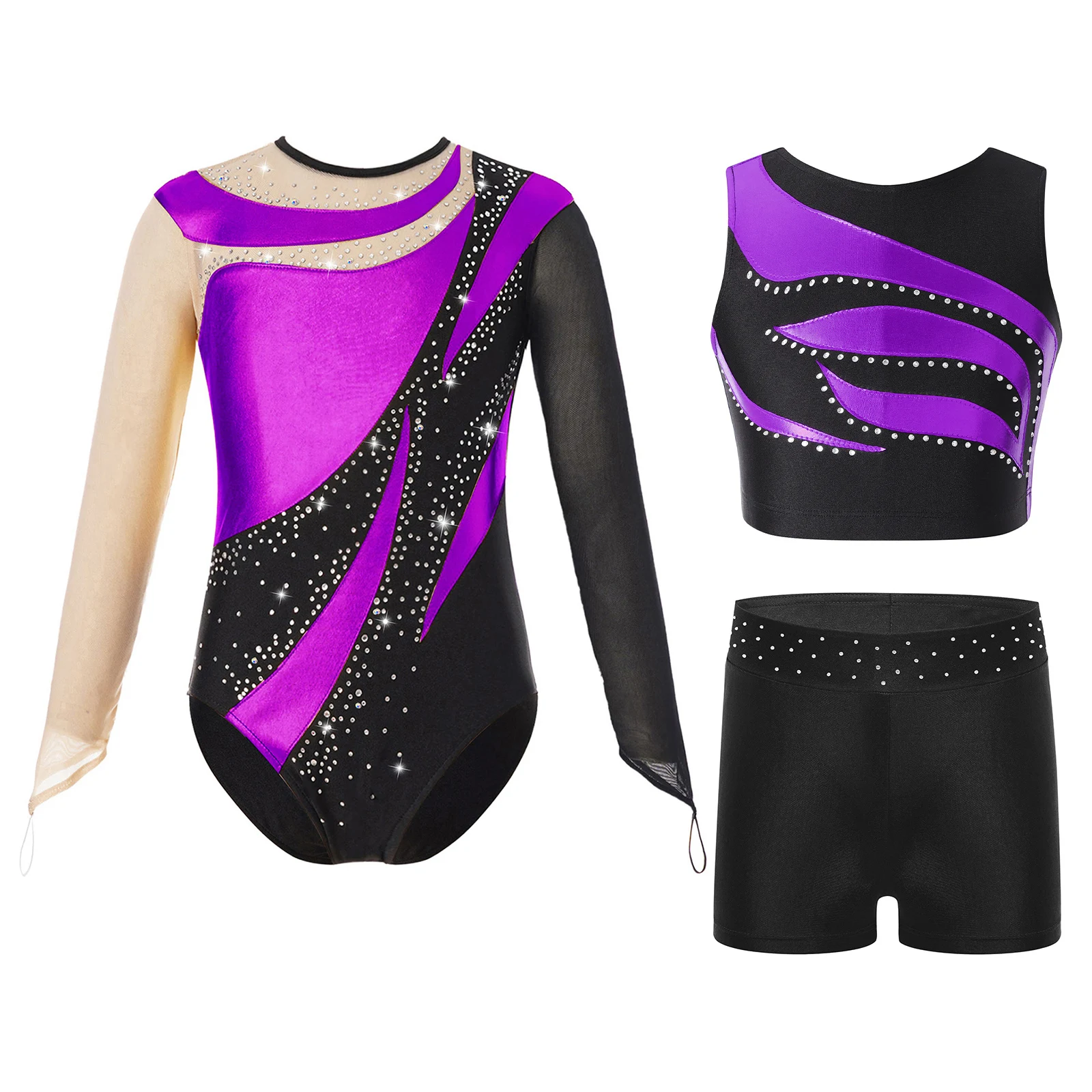 

Kids Girls Gymnastics Dance Outfit 3-Piece Shiny Rhinestone Color Block Crop Top+Shorts+Mesh Long Sleeve Leotard Figure Skating