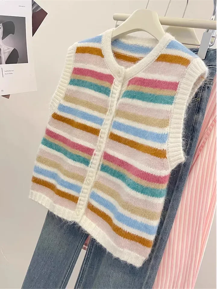 

Striped Sweater Vest Spring Soft Loose knitted Cardigan Women's 2025 New Autumn Sleeveless Round Neck Top