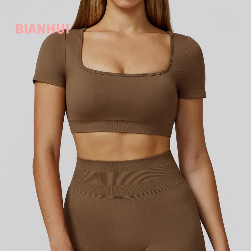 

BIANHUI Autumn Winter Seamless Yoga Wear Women Hollow Out Beauty Back Slim Yoga Short Sleeve Outdoor Running Sports Top