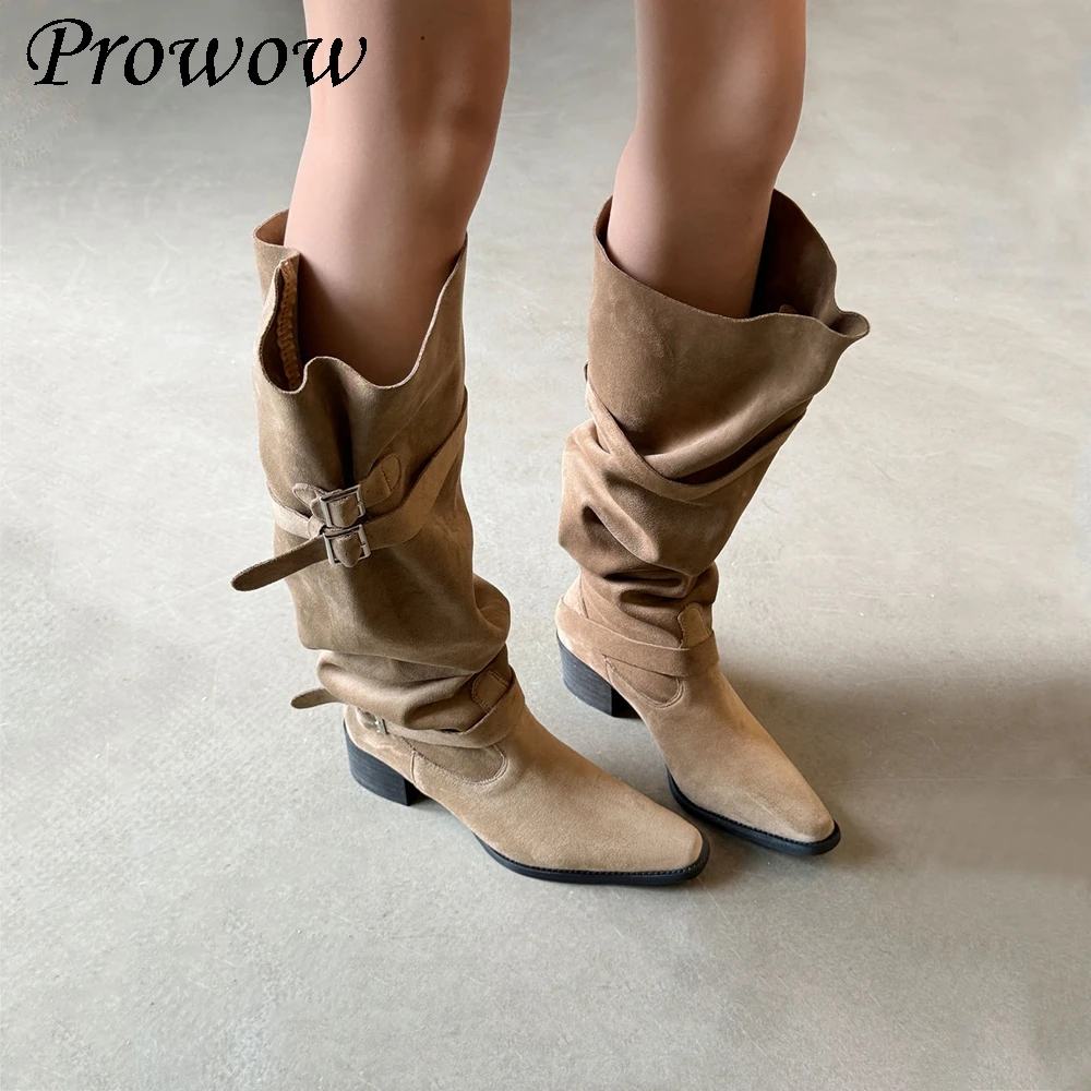 

Новые замшевые сапоги до колена с квадратной пряжкой и пряжкой на толстом каблуке, женская обувь Zapatos Mujer