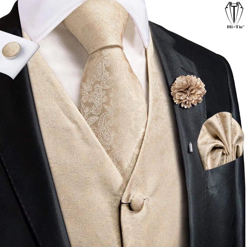 Hi-Tie High Quality Silk Mens Vests Champagne Paisley Waistcoat Neck Tie Hanky Cufflinks Brooch Set for Men Suit Wedding Office