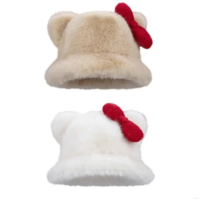 

652F Furry Cats Ear Bucket Hat Plush Warm Winter Bucket Hat Plush Fisherman Hat For Women Girl Winter Outdoor Activity