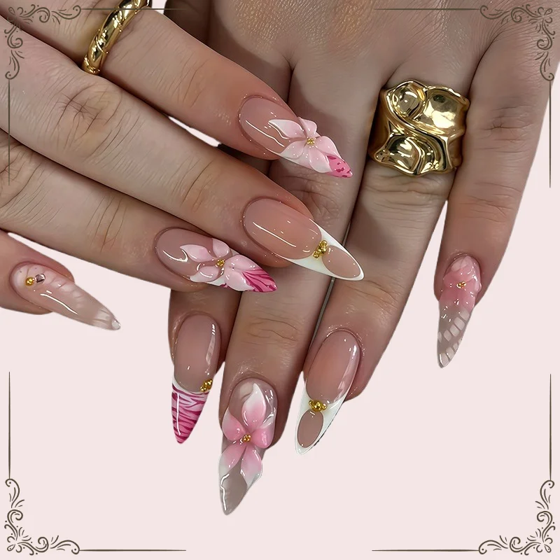 

24PCS Gentle Nude Pink Press on Nails with 3D Flower French Tip Wearable False Nail Artificial Diamond Sweet cool Daily Nail Art