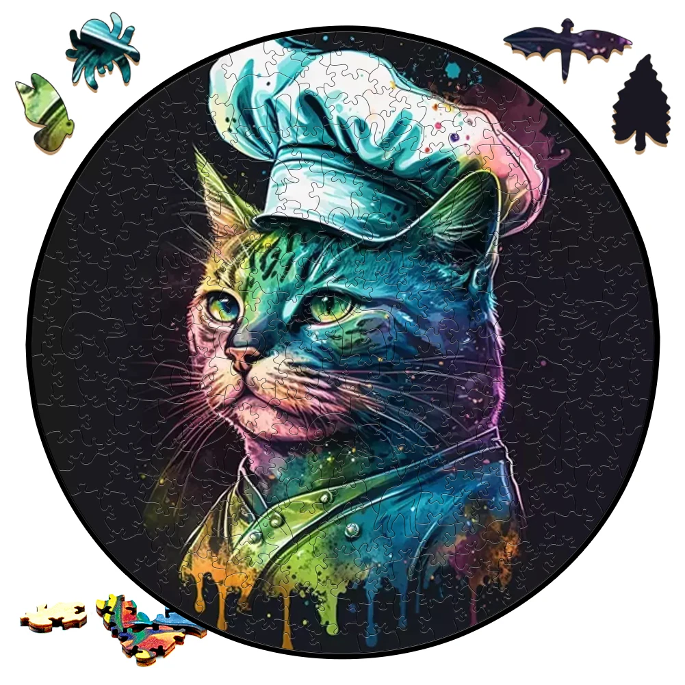 Ferocious Wooden Jigsaw Puzzle Board Games Weird Chef Cat Round Shaped Wood Puzzles Toys Secret Puzzle Boxes Package Best Gift