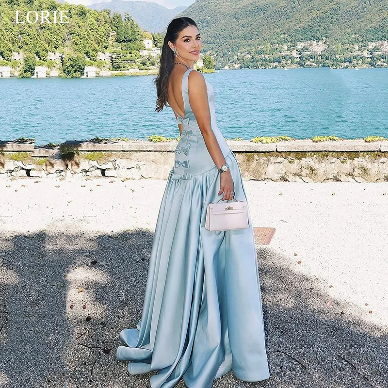 LORIE Elegantes blaues Satin-Partykleid, Spaghettiträger, Schleife, rückenfrei, Abendkleid, drapiert, A-Linie, Abendkleid, individuell gestaltet