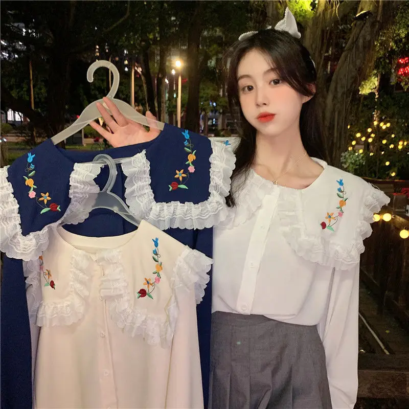 Women Blue Shirts and Blouses 90s Harajuku Y2k 2000s Aesthetic Fashion Vintage Peter Pan Collar Long Sleeve Shirt Top Clothes