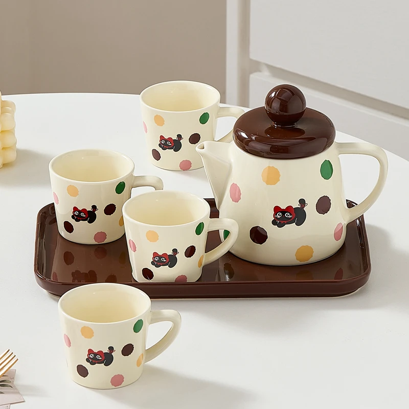 

Cute Cat Pattern Ceramic Tea Set 1 Teapot 4 Cups + Tray Gift Box, Tea Kettle with Leak Holes, Cold Water Jug Mugs