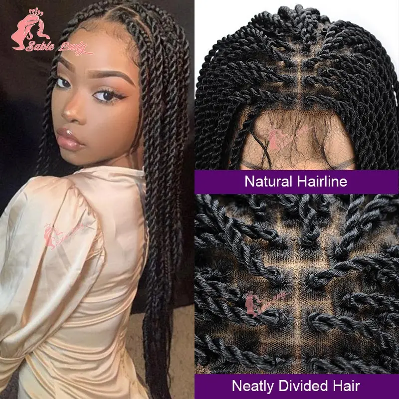 Wig Kepang Rambut Sintetis Model Goddess Twist untuk Wanita Kulit Hitam, Wig Kepang Faux Locs Burgundy Full Lace, Wig Kepang Box Braid Lace Front