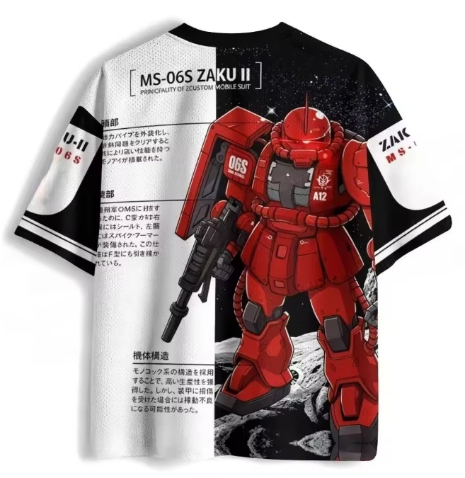Gundam Xiaya Red Zagu Black and White Contrast Mesh Shirt Moon Starry Sky Background Hardcore Mecha Sci Fi Style Trendy T-shirt