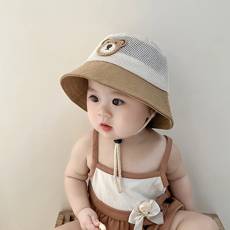 Baby Summer Bucket Hat Cute Bear Toddler Kids Mesh Breathable Sun Hats Outdoor Beach Boy Girl Panama Fisherman Cap