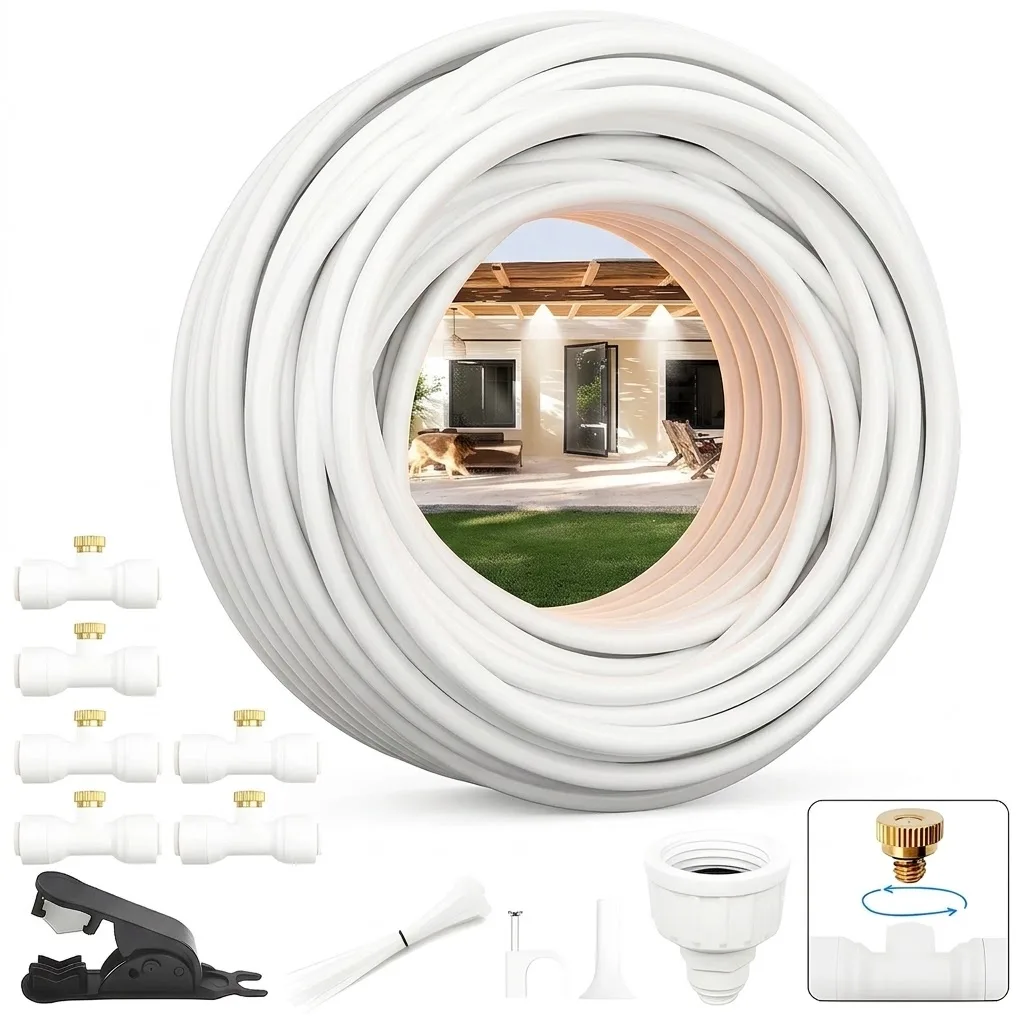 White Outdoor Misting System for Cooling with Brass Adapter 3 4 Inch Mist Hose for Umbrella Canopy Backyard Garden Patio