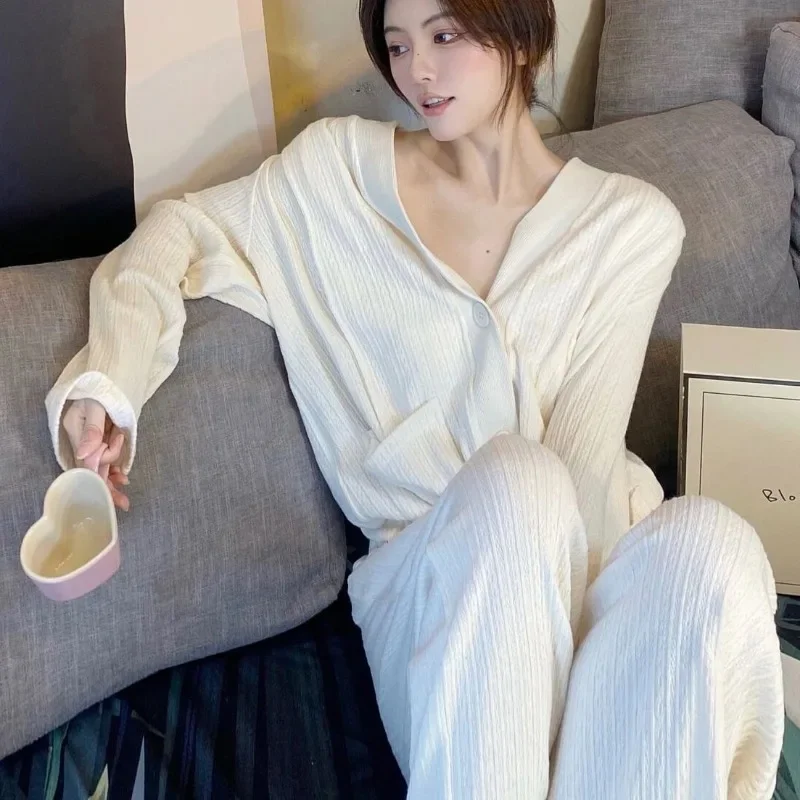 Fashion Simple Long-sleeved Women's Pajamas Set Spring and Fall Models of The New French Senior Sense of Home Clothing Sleepwear