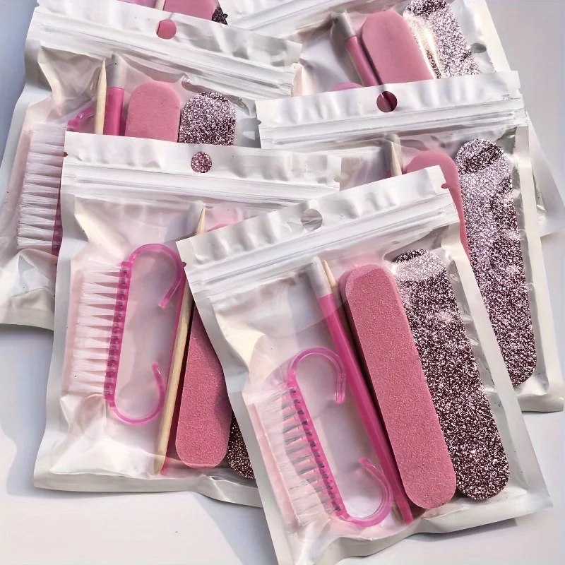 1Set 5Pcs Nail and Pedigree Kit, Mini Nail Files and Sticks, Single Face Nail Files, Wooden Cuticle Push Stick and Nail Brush