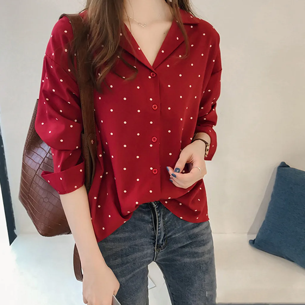 Women’s Casual Long Sleeve Polka Dot Turn-Down Collar Tops Button Shirts Female Autumn Commute Vintage Camisas De Mujer Elegant