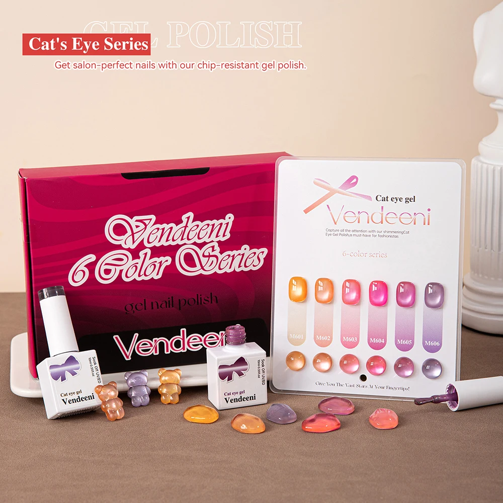 Vendeeni 6 Farben/Set Traumhafter Kristall-Katzenaugen-Gel-Nagellack Magnetische Glasperlen Rosa Lila UV-LED-Gel-Lack mit Display – Detail 9