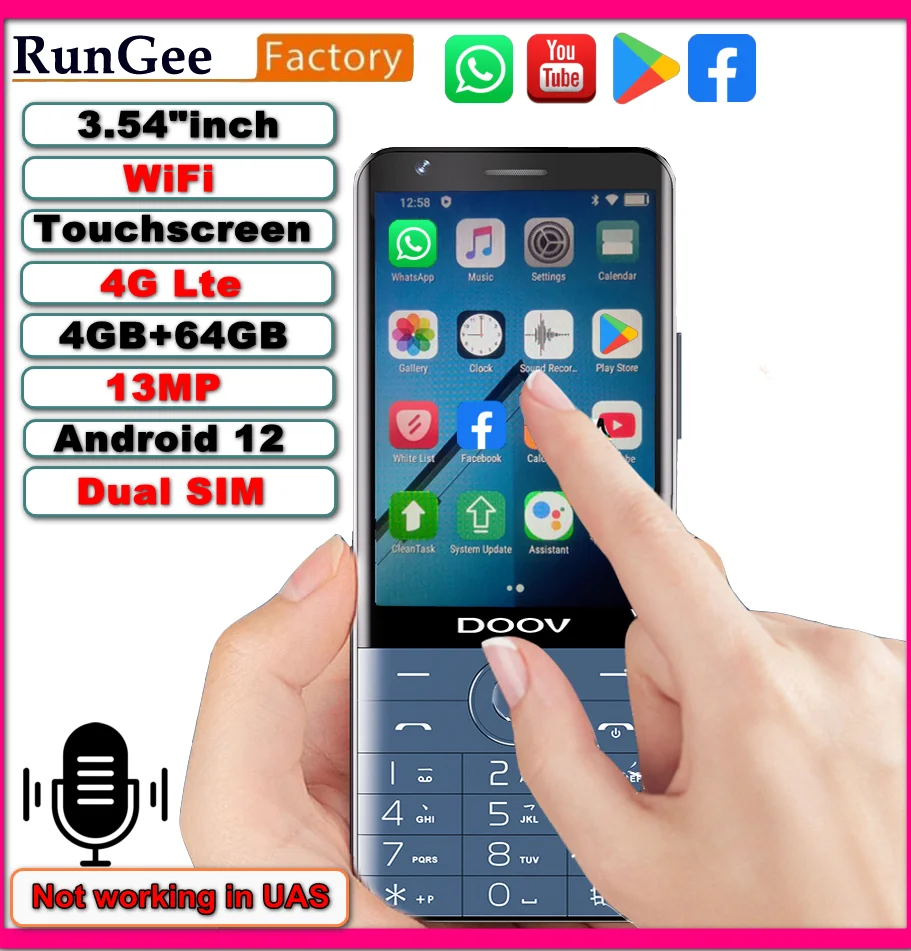 Rungee zello Pro Android Smart Touch Screen Phone Wifi +3.54 Inch 4GB 64GB Bluetooth 5.0 640*960  Global Verison Phone