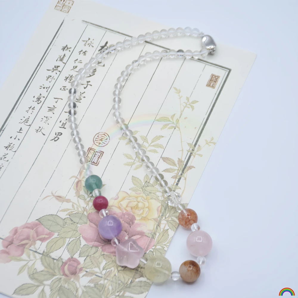 Natural Crystal Multi-Gem Necklace, Lemon Crystal and Pink Crystal, Star Accessory, Ring Clasp, Women's Clavicle Chain, Rwbuy